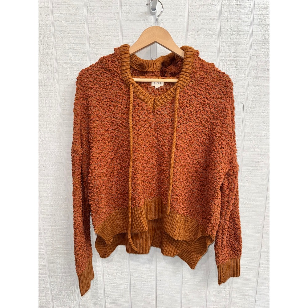 POL Sweater Hoodie Women Small Burnt Orange Popcorn Knit High Low Relaxed S